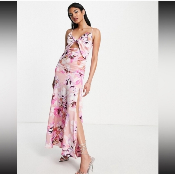 ASOS Dresses & Skirts - Liquorish ASOS Formal Satin Twist-Front Maxi Dress Pinks Cutout Slit Sz 8 NWT